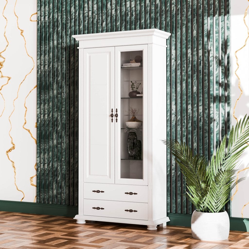 vitrina living lemn masiv cu o usa de sticla si polite de sticla unde poti expune obiecte dragi tie si a-ti infrumuseta living ul