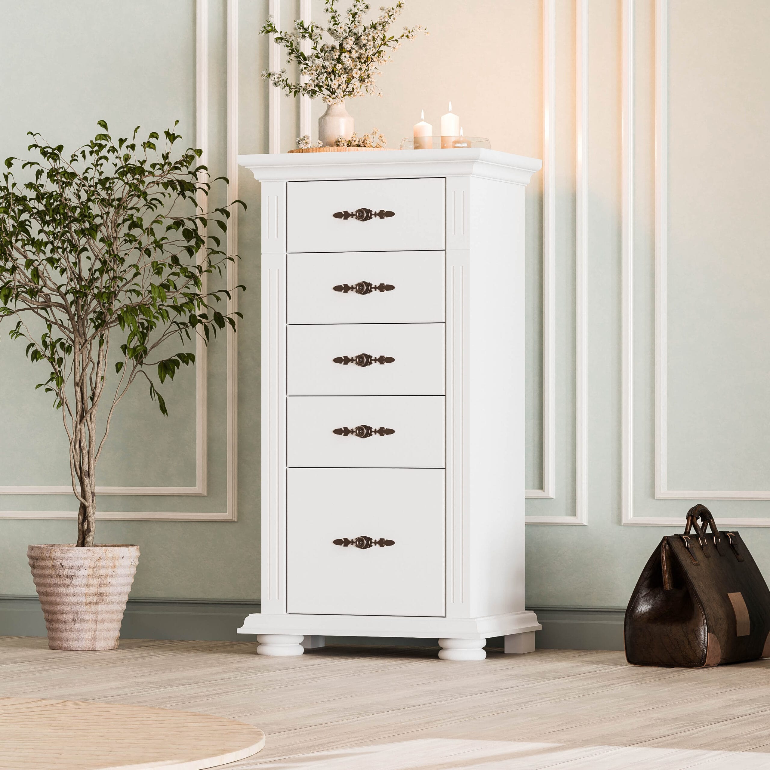 comoda lemn masiv 5 sertare anton alb sild